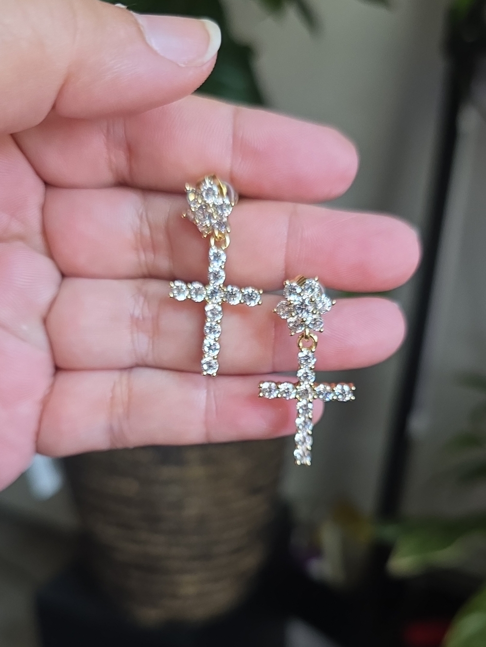 14k Gold Plated Crystal Cross Drop Earrings - Sparkling Clear Stones